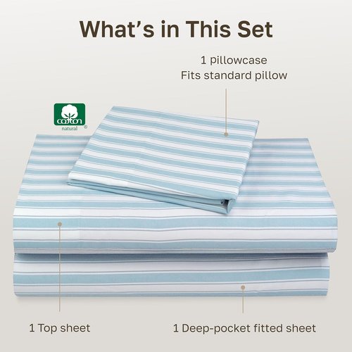 California Design Den Twin Size 100% Cotton Sheets Set - 400 Thread Count, Award-Winning Sateen Finish, Cape Stripe Blue