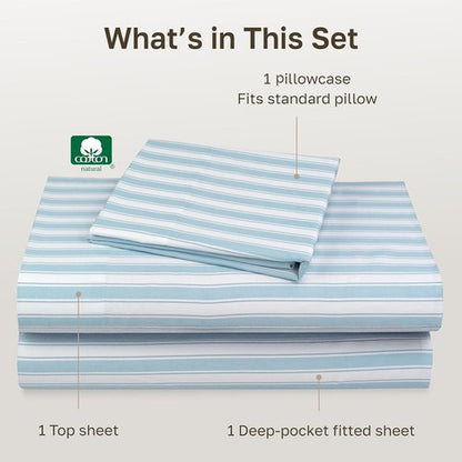 California Design Den Twin Size 100% Cotton Sheets Set - 400 Thread Count, Award-Winning Sateen Finish, Cape Stripe Blue
