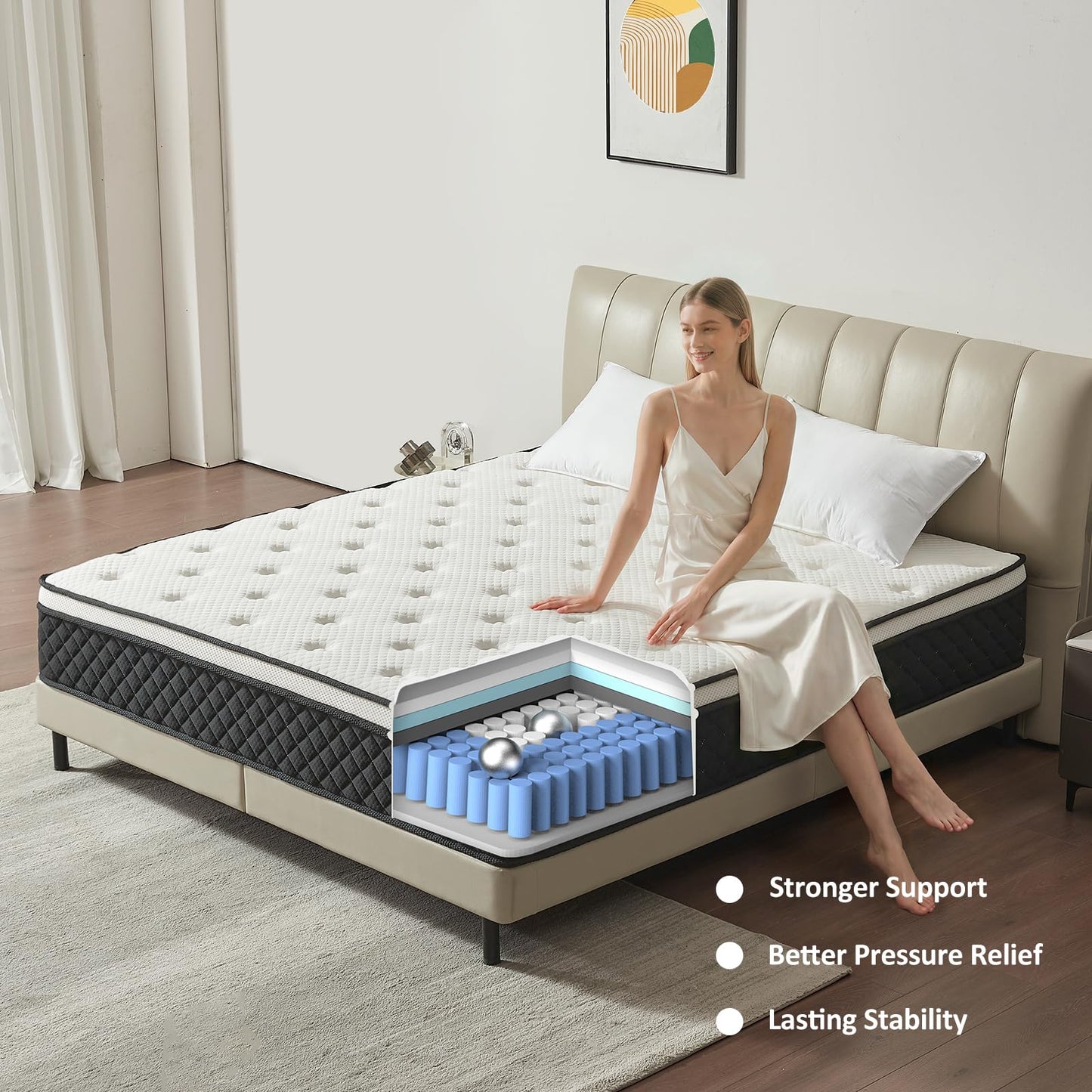 Vaeluna Queen Mattress, 12 Inch Queen Size Mattress in a Box, Hybrid Pocketed Coil Mattress, Medium Firm, Lumbar Support & Motion Isolation, Pressure Relief & Breathable Comfort