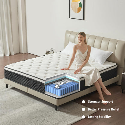 Vaeluna Queen Mattress, 12 Inch Queen Size Mattress in a Box, Hybrid Pocketed Coil Mattress, Medium Firm, Lumbar Support & Motion Isolation, Pressure Relief & Breathable Comfort