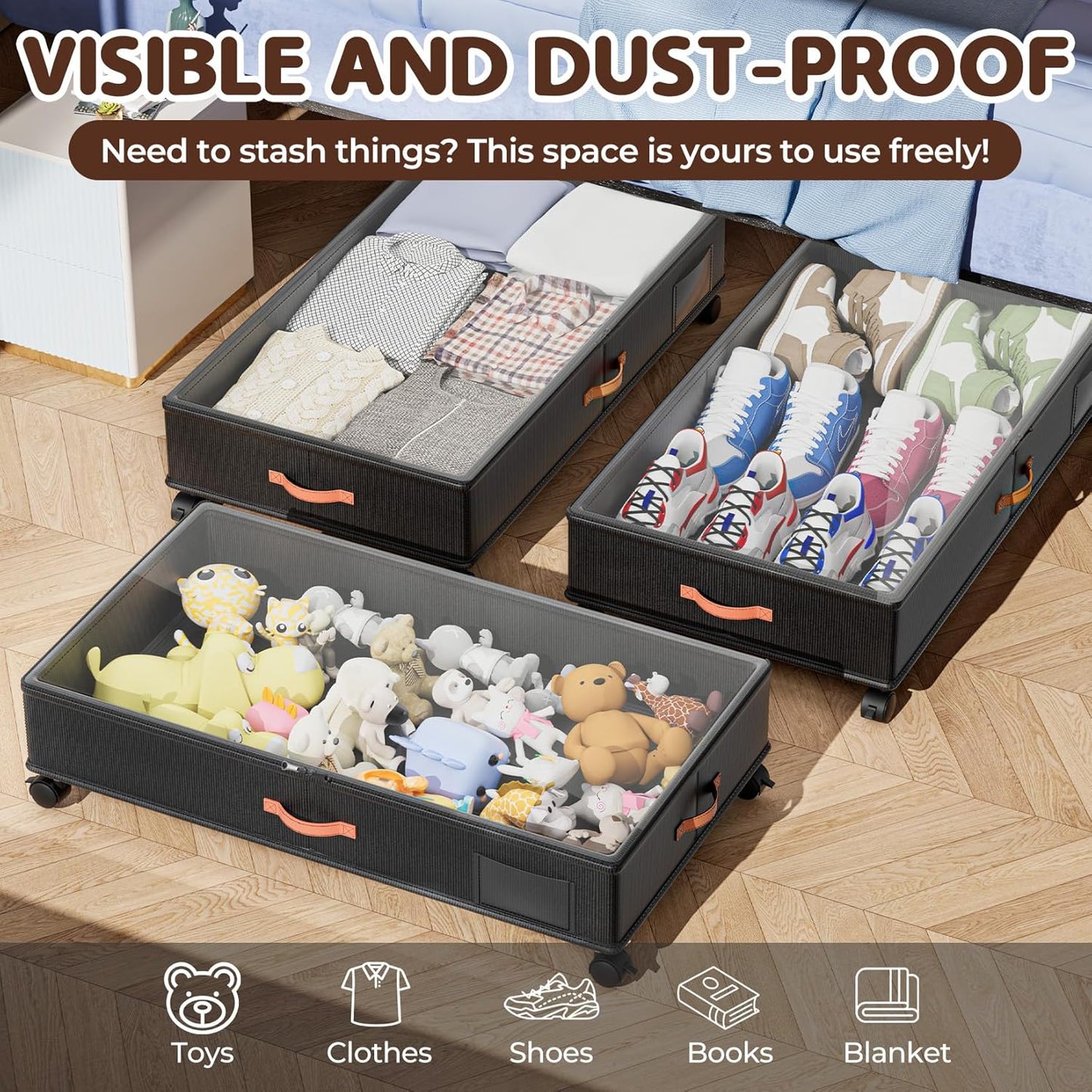 Under Bed Storage - 2-Pack Rolling Storage Drawers with Clear Lids | 66L Organizer Bins for Clothes & Shoes (30" L x 16.2" W x 7.5" H)