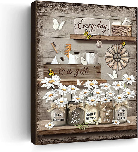 RAMEFLAO Rustic Daisy Wall Art - Vintage Bathroom Canvas Print | Flower & Butterfly Decor 16x20 Inch