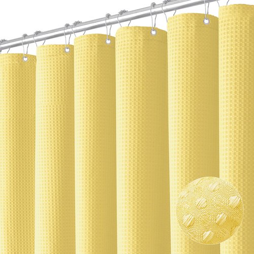 Dynamene Extra Long Shower Curtain - 84 Inch Long Waffle Weave Heavy Duty Fabric Bathroom Shower Curtain, Neutral Weighted Hotel Thick Bath Curtain Set with 12 Plastic Hooks,72x84, Yellow