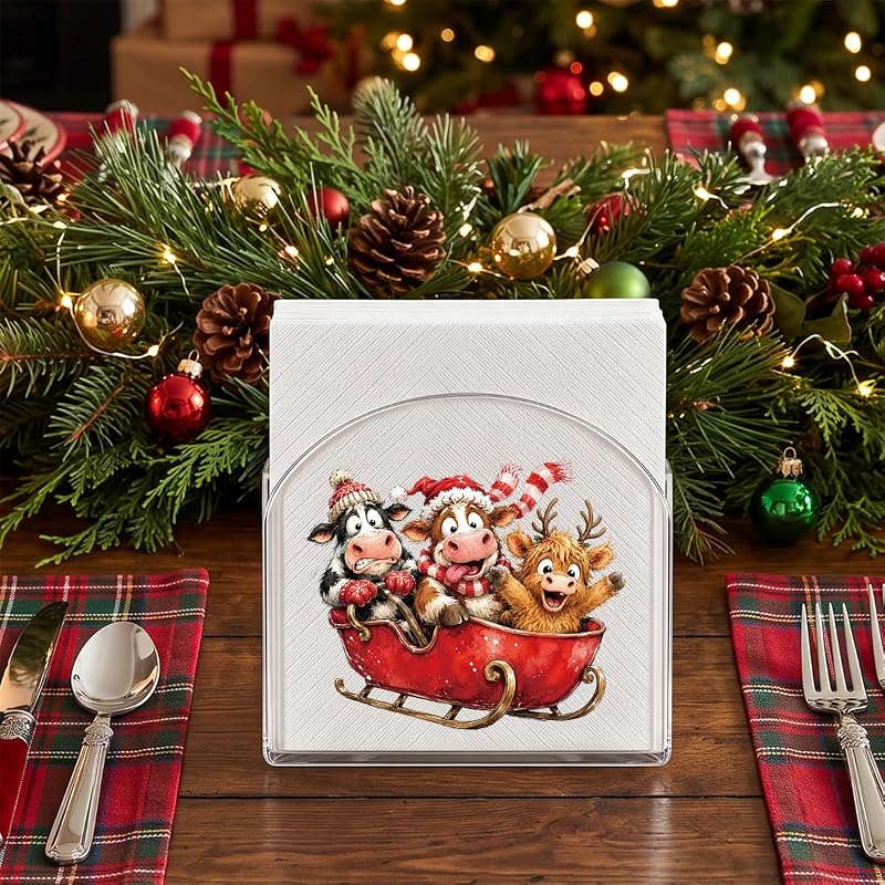 Christmas Napkin Holder - Acrylic U-Frame, Anti-Slip, 2.3x5x5 in, Sleigh Highland Cow Variation