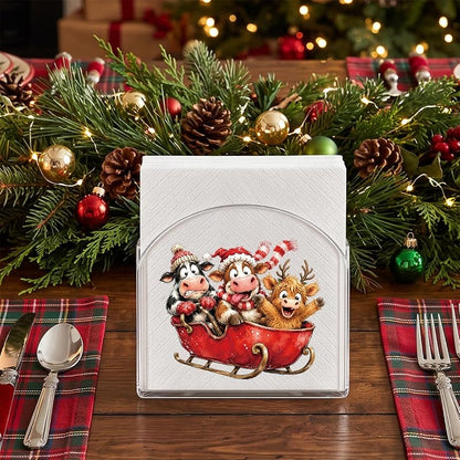 Christmas Napkin Holder - Acrylic U-Frame, Anti-Slip, 2.3x5x5 in, Sleigh Highland Cow Variation