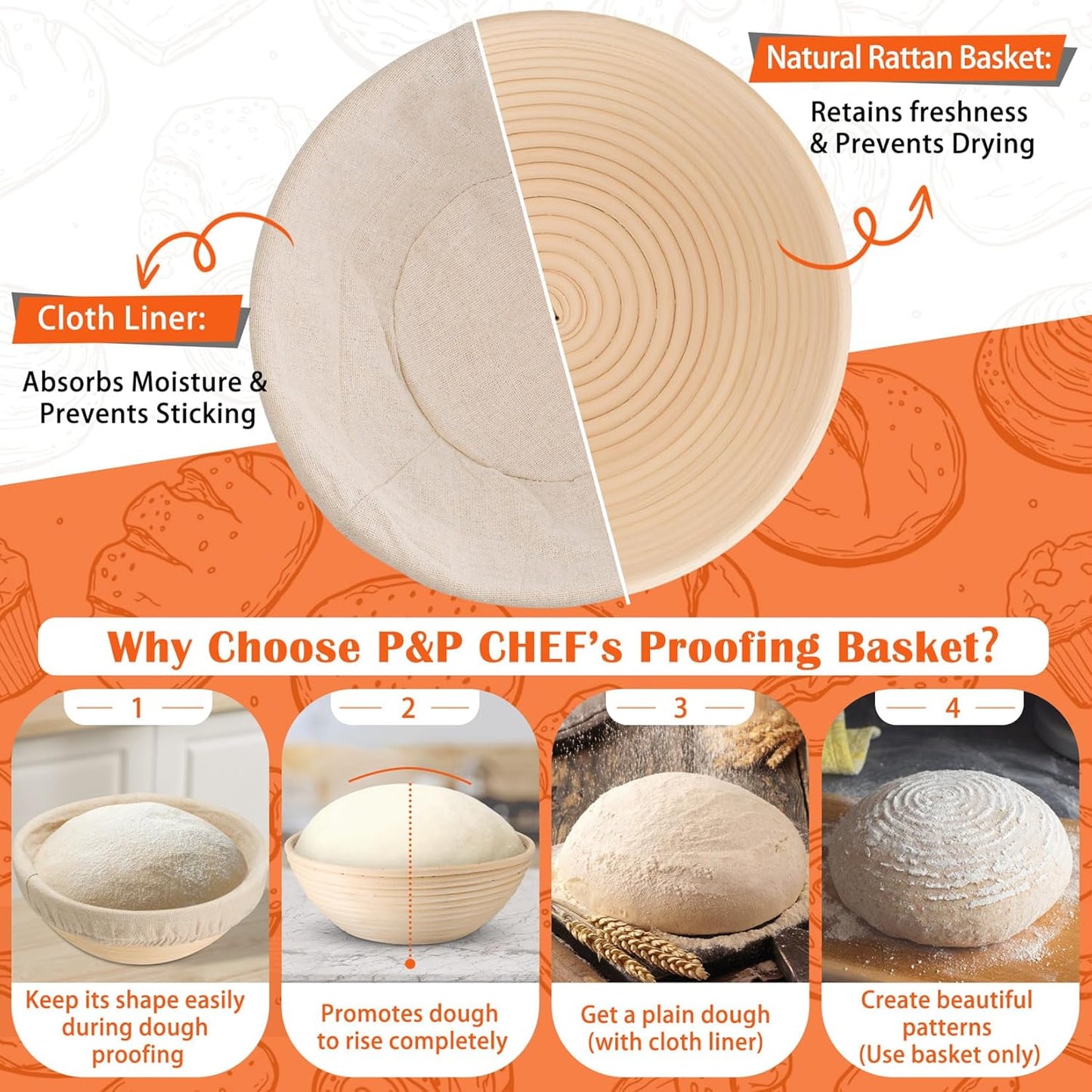 P&P CHEF Sourdough Proofing Baskets - Set of 2 Handmade Rattan Baskets with Cloth Liner | 9 Inch Size