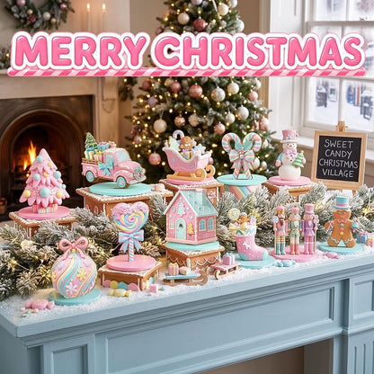 Candy Themed Christmas Table Decor Set, 12 Wooden Centerpieces – Pink Pastel Nutcracker, Snowman, Truck & Gingerbread (Variation: Candy)