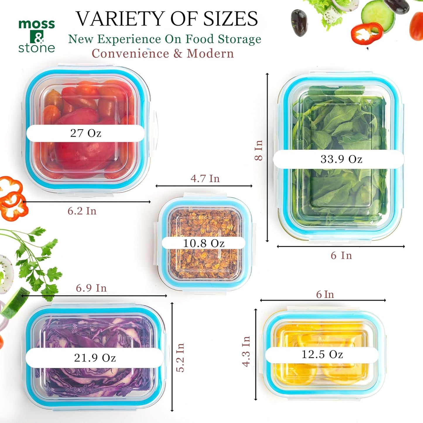 Moss & Stone 10-Piece Borosilicate Glass Meal Prep Containers - 100% Leak-Proof, Airtight & BPA-Free - Freezer, Microwave & Oven Safe