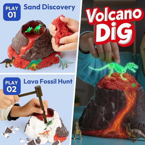 JOVA 3-in-1 Dinosaur Fossil Digging Kit - STEM Learning Toy with Glow-in-the-Dark Dinosaurs & Sensory Play Sand | DIY Craft for Kids 6+