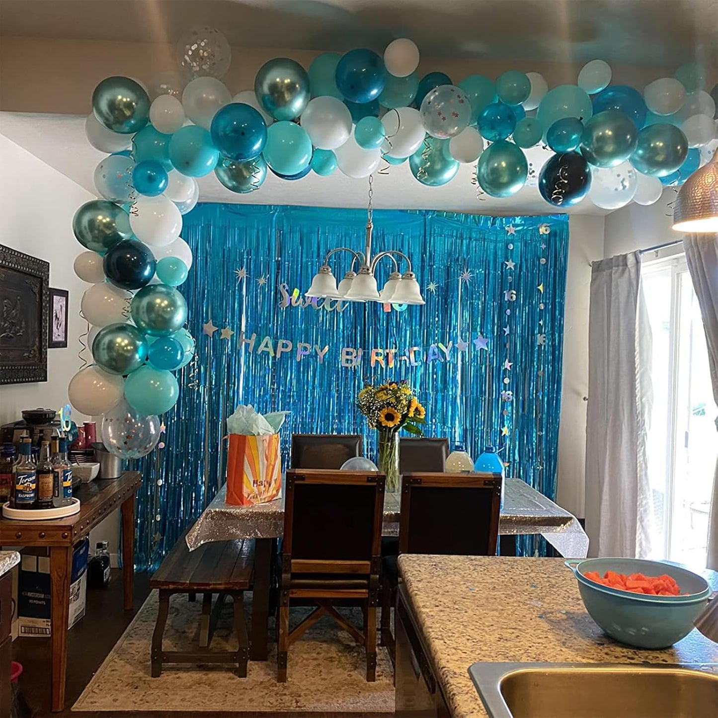 Melsan Foil Fringe Curtains - 3 Pack Tinsel Backdrop for Birthday, Baby Shower & Graduation - Teal 3.2 x 8.2 ft