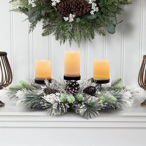 Flocked Pine Needles Christmas Table Centerpiece by [Brand Name] - 27.5 Inch with Frosted Pine Cones | Snowy Design