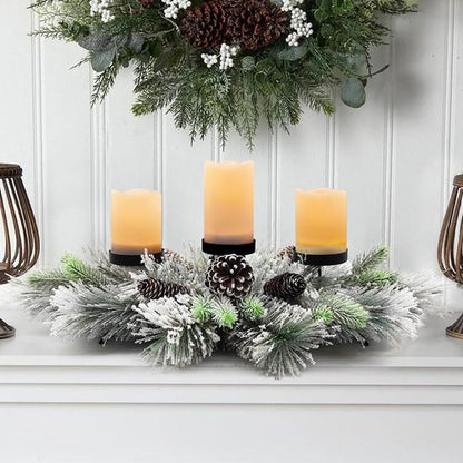 Flocked Pine Needles Christmas Table Centerpiece by [Brand Name] - 27.5 Inch with Frosted Pine Cones | Snowy Design