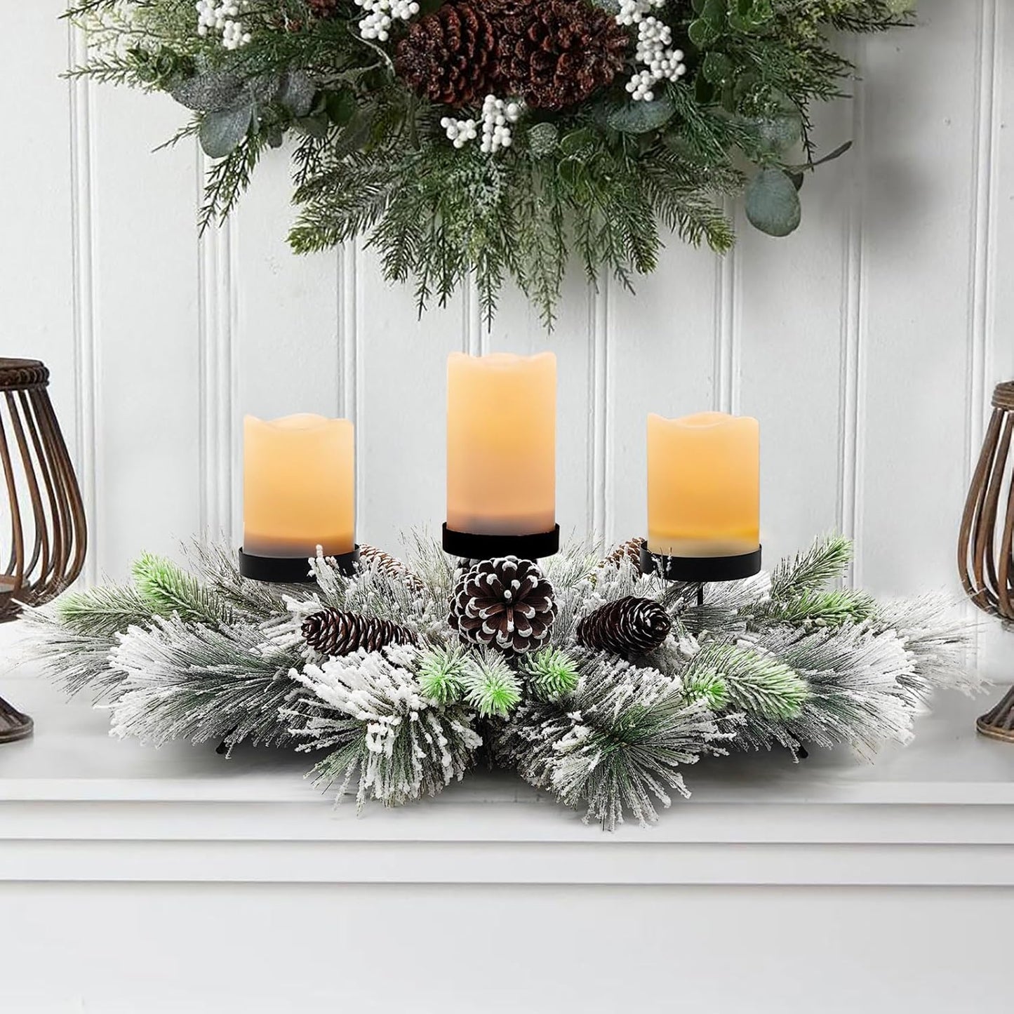 Skiennix Christmas Table Centerpiece - 27.5 Inch Flocked Pine Needles & Frosted Pine Cones | Snowy Design