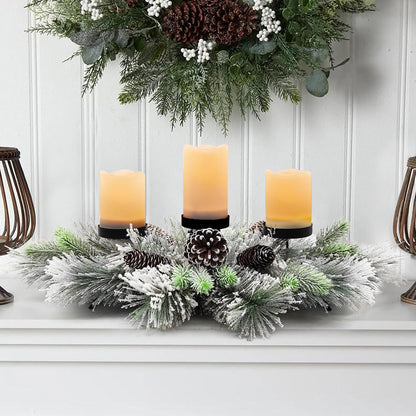 Skiennix Christmas Table Centerpiece - 27.5 Inch Flocked Pine Needles & Frosted Pine Cones | Snowy Design