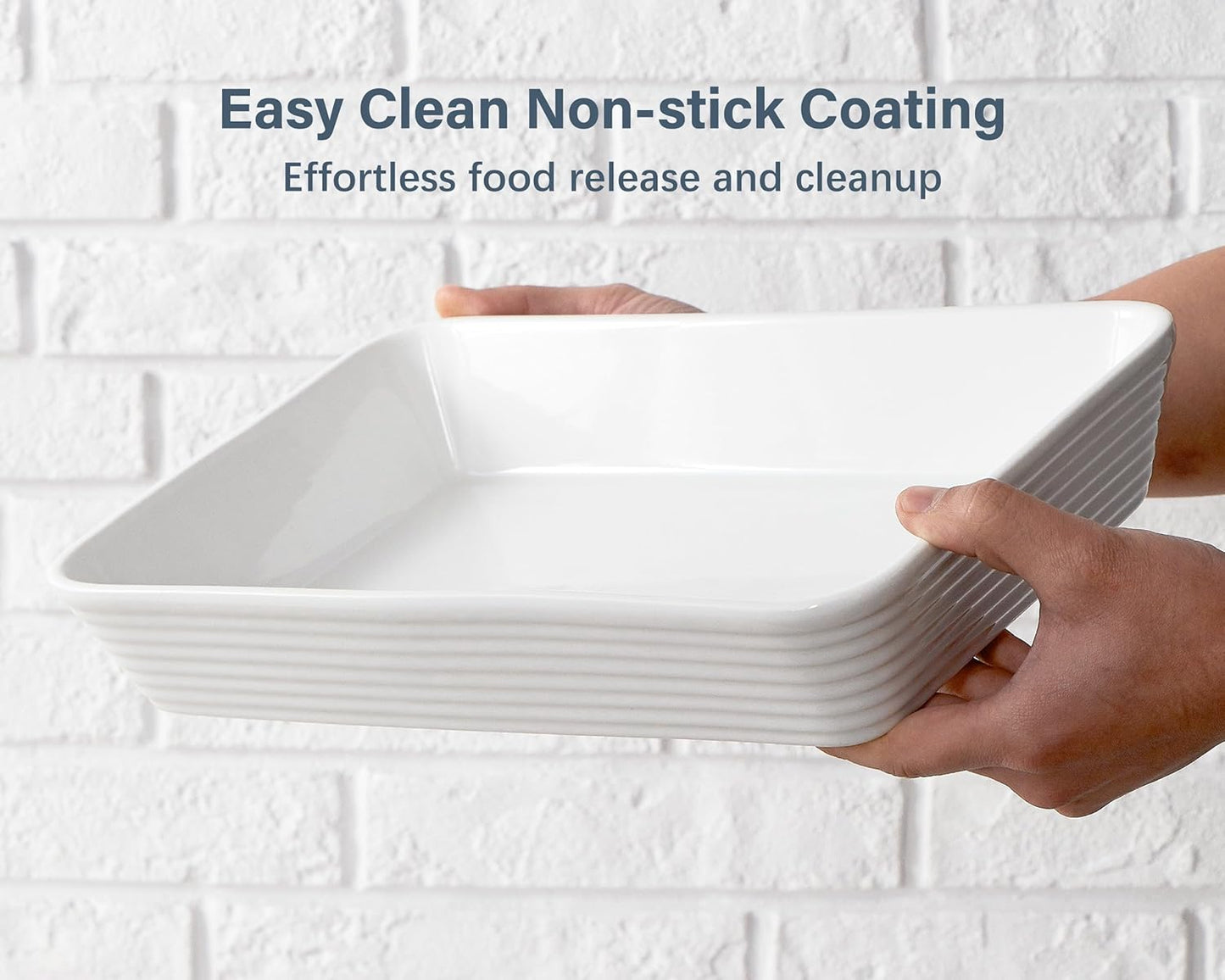 ONEMORE Ceramic Baking Dish - 9x13 Large Rectangular Casserole Pan for Oven & Family Meals | Ribbed White Bakeware