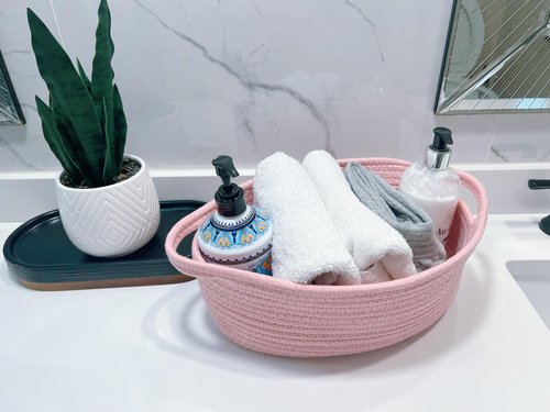 GiftExpress Pink Woven Easter Basket - 13" x 8" x 5" Cotton Rope Organizing Baskets for Baby Items or Cat & Dog Toys - Cute Soft Gift Storage Bin w/ Handles