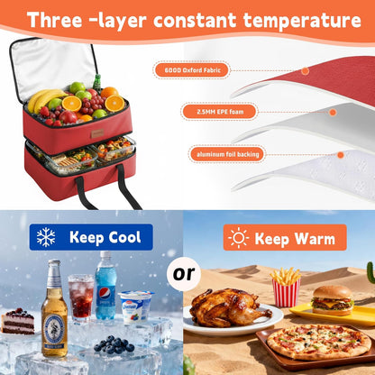 Skiennix Insulated Casserole Carrier - Double Decker Thermal Bag for Hot or Cold Food | Portable & Leakproof (Red)