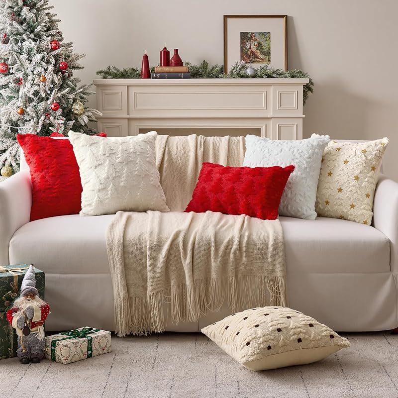 Christmas Tree Pillow Cover 18x18 Inch Red - Pack of 2 | Embroidered Tree Design