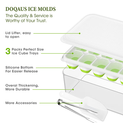 DOQAUS Ice Cube Tray with Lid and Bin, 3 Pack Silicone Plastic Ice Cube Trays for Freezer with Ice Box, Ice Trays with Ice Container, Stackable Ice Tray with Storage Ice Bucket,Ice Tong,Ice Scoop