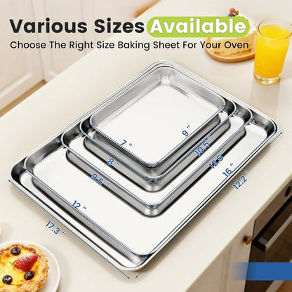 BIEAMA Stainless Steel Baking Sheet Pans - 6 Pack Cookie Sheets for Toaster Oven | Rust-Resistant, Dishwasher Safe, 17.3" L × 12.2" W × 1" H
