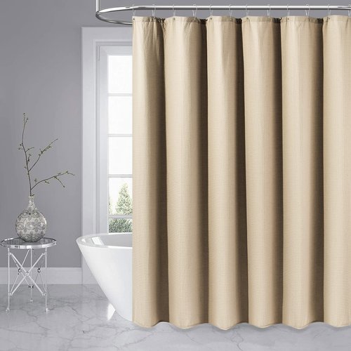 Dynamene Stall Fabric Shower Curtain - 54x78 inch Long Waffle Weave Weighted Thick Cloth Shower Curtains for Bathroom,Neutral Heavy Duty Hotel Spa Luxury Bath Curtain Set with 10 Hooks, Beige/Khaki