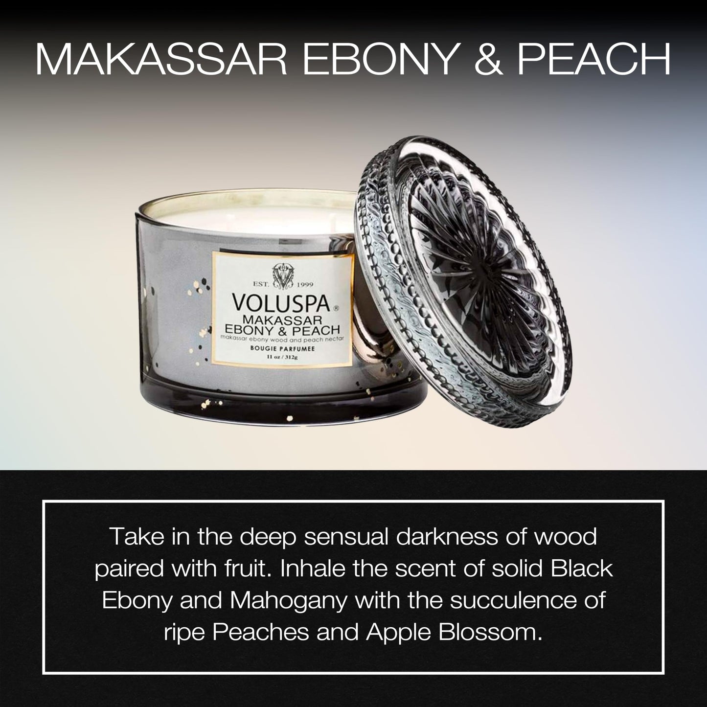 Voluspa Makassar Ebony & Peach, Corta Maison Boxed Candle, 11 oz, 45 Hour Burn Time, Coconut Wax for Clean Burning, Handcrafted in The USA