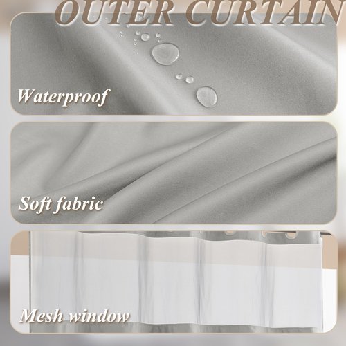 Barossa Design No Hook Shower Curtain Sets with Rugs - Gray Bathroom Rugs Sets 2 Piece and Snap in Liner Bathroom Curtains, Light Grey