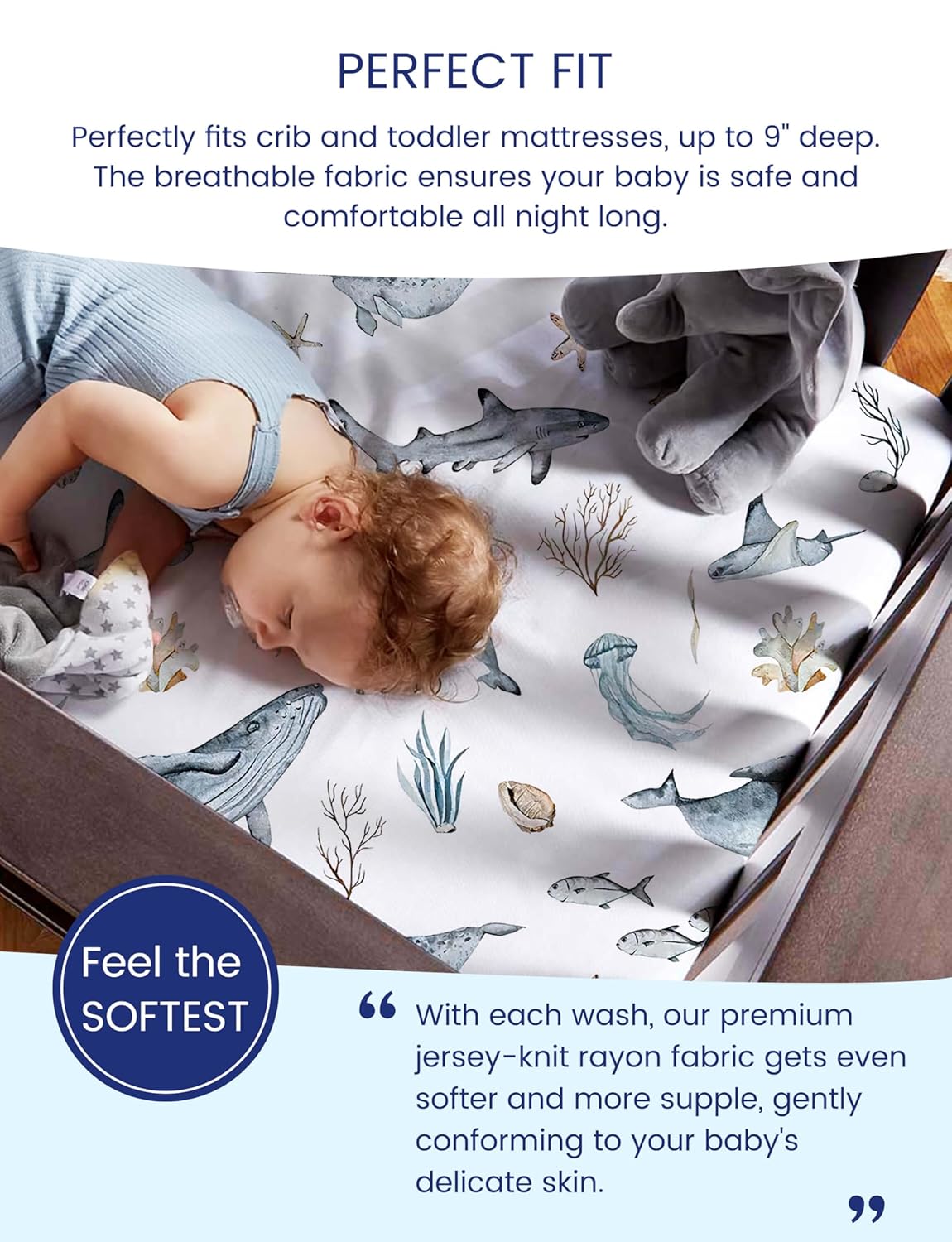 TotAha Crib Sheets - Premium Soft Jersey Knit Baby Sheets | Extra Deep Pocket 28x52x9, 2 Pack (Sea Animal)