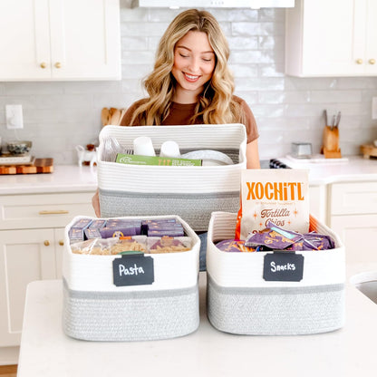 NaturalCozy Storage Baskets - 3-Pack Cotton Rope Woven Bins for Organizing | 16.8”x13”x7.6” | Ideal for Toys, Laundry, and More