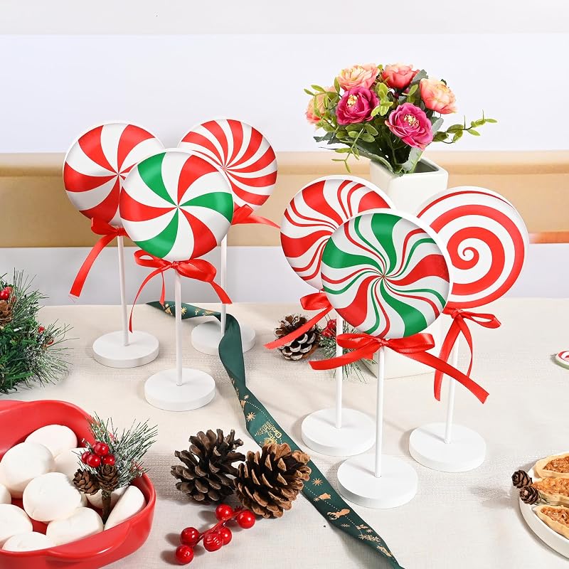 6-Piece Wooden Christmas Candy Cane Sign Set – Farmhouse Tiered Tray Topper Decor