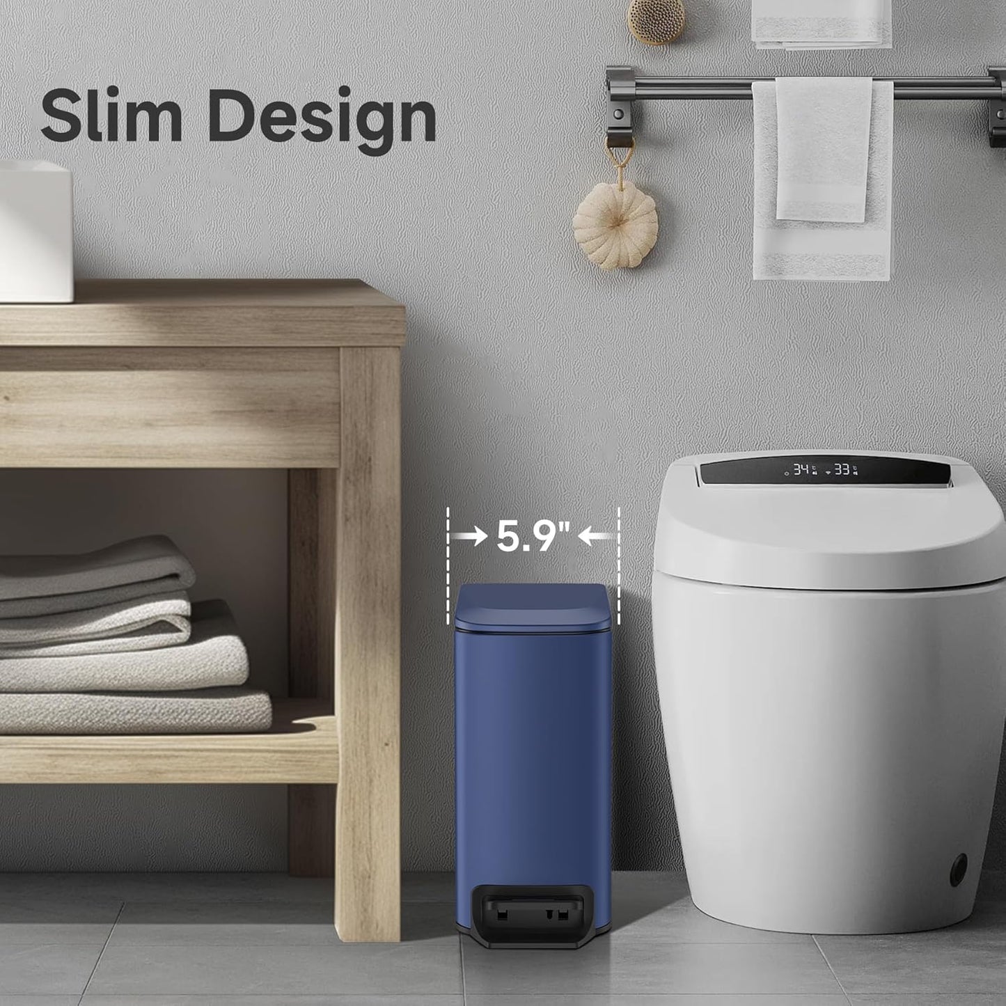 TIPGO Slim Bathroom Trash Can - Soft Close Lid & Step Pedal - 6L Stainless Steel Bin | Navy Blue