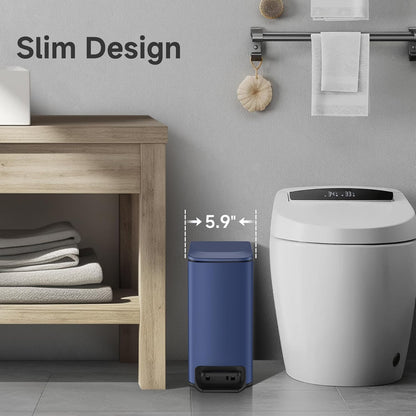 TIPGO Slim Bathroom Trash Can - Soft Close Lid & Step Pedal - 6L Stainless Steel Bin | Navy Blue