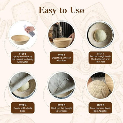 ABIOTO Bread Proofing Baskets - Set of 2 Round 7" Banneton Baskets with Liners for Perfect Sourdough Baking