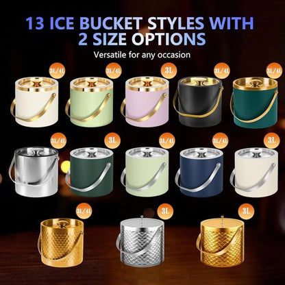 Ice Bucket, Ice Bucket with Silicone Sealing Ring Double-Wall Vacuum Insulation Champagne Buckets with Filter Layer Ice Tongs Ice Scoop (Scaled Gold, 3 L)