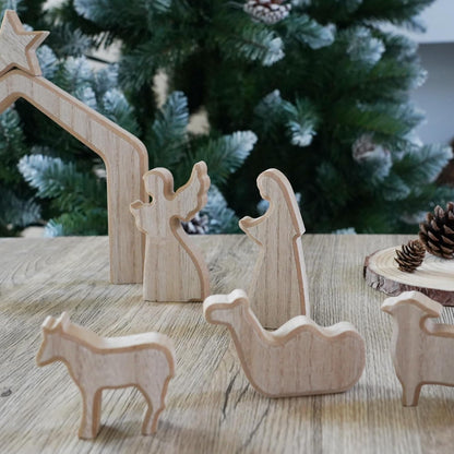 NEROSUN Nativity Scene Set - 13-Piece Wooden Miniature Holy Family Figurines | Minimalist Boho Christmas Decor