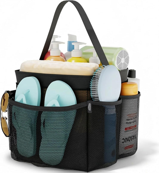 YASONIC Mesh Shower Caddy - Portable 8-Pocket Hanging Organizer for College Dorm Essentials | Black