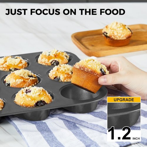 HONGBAKE Muffin Pans - Nonstick 12-Cup Cupcake Baking Tray with 120 Natural Liners | Dark Grey, 2 Pack