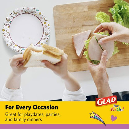 Glad for Kids Unicorn Theme Kids Plates, Heavy-Duty Round Disposable Paper Plates with Soak-Proof Coating, Microwave Safe for Snacks & Meals, Cute Unicorn Print, 8.5 Inch, 20 Count