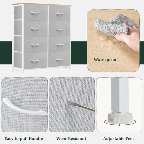 8-Drawer Dresser for Bedroom, Anti-Tip Tall Storage Organizer Chest of Drawers with Wooden Top and Metal Frame Fabric Bins for Closet, Living Room, Hallway, Entryway, Light Gray