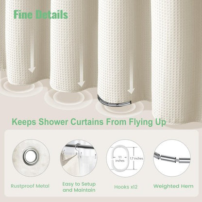 Dynamene Ivory Shower Curtain and Liner Set, Waffle Weave Fabric, Waterproof Clear Liner, 256GSM Heavy Duty Weighted Hotel Luxury Cloth Shower Curtains for Bathroom with 12 Plastic Hooks, 72Wx72H