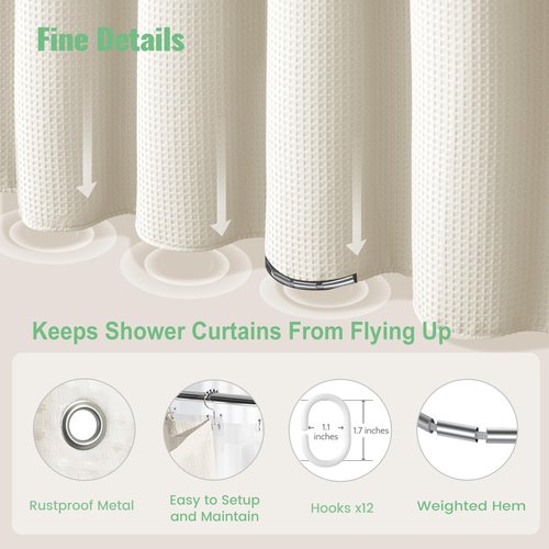 Dynamene Long Shower Curtain and Liner Set - 78 inch Tall Waffle Fabric, Waterproof Clear Liner, Heavy Duty Weighted Hotel Luxury Cloth Shower Curtains for Bathroom with 12 Hooks, 72x78, Ivory