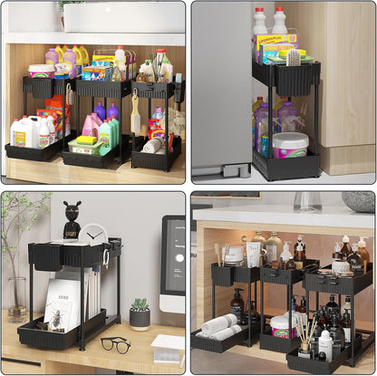 Sevenblue 3-Pack Under Sink Organizers - 2-Tier Kitchen & Bathroom Storage with Sliding Drawers | Black, 14.8 Inch