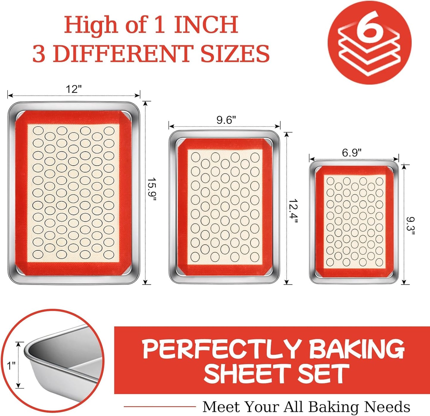 CEKEE Stainless Steel Baking Sheet Set - 6PCS Cookie Sheets with Silicone Baking Mats for Oven Use