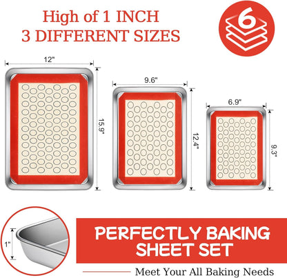 CEKEE Stainless Steel Baking Sheet Set - 6PCS Cookie Sheets with Silicone Baking Mats for Oven Use