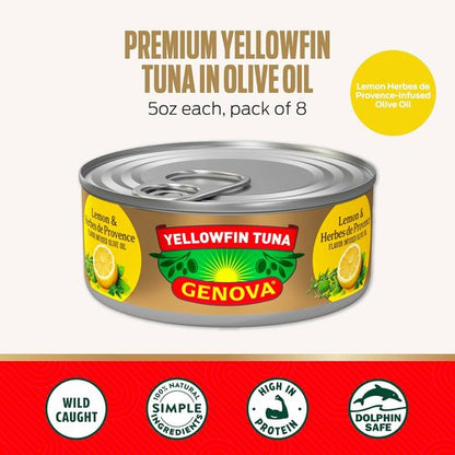 Genova Premium Yellowfin Tuna - Lemon & Herbes de Provence Infused Olive Oil | 5 Ounce Cans (Pack of 12)