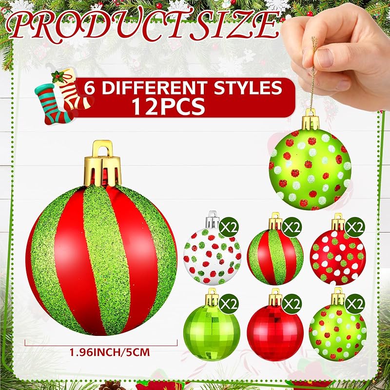 12 Pcs Christmas Ball Ornaments Set 2 Inch Red Green White Glittering - Variation Classic+12+2.36 Inch