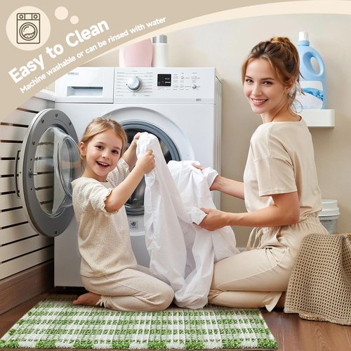 TYUU Waffle Bath Mat, Boho Bathroom Rugs Non Slip Washable Absorbent Checkered Bathroom Mat Quick Dry Cute Bath Mat, 48"x24" Green and White