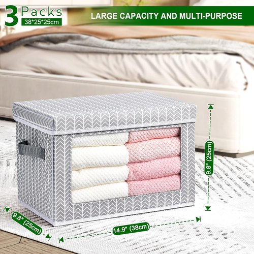 Homsorout Storage Cubes - 3-Pack Fabric Bins with Lids & Windows | Grey & White Closet Organizers