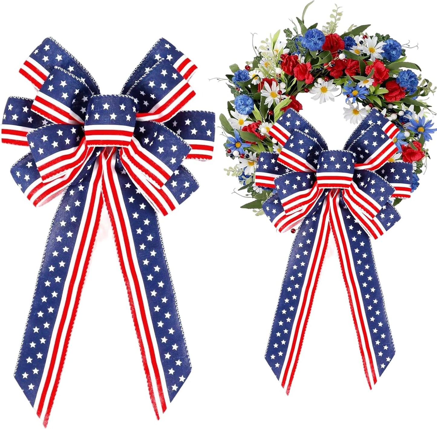 Skiennix Memorial Day Decorations - Patriotic Stripe Stars Wreath Bow for Front Door | Red, White & Blue Decor