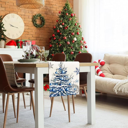 Winter Trees Table Runner 13x108 Inches with Frosty Roses & Christmas Trees – Burlap Style, Seasonal Decor (Variation: Winter Snowflakes Pine Tree 13x108)